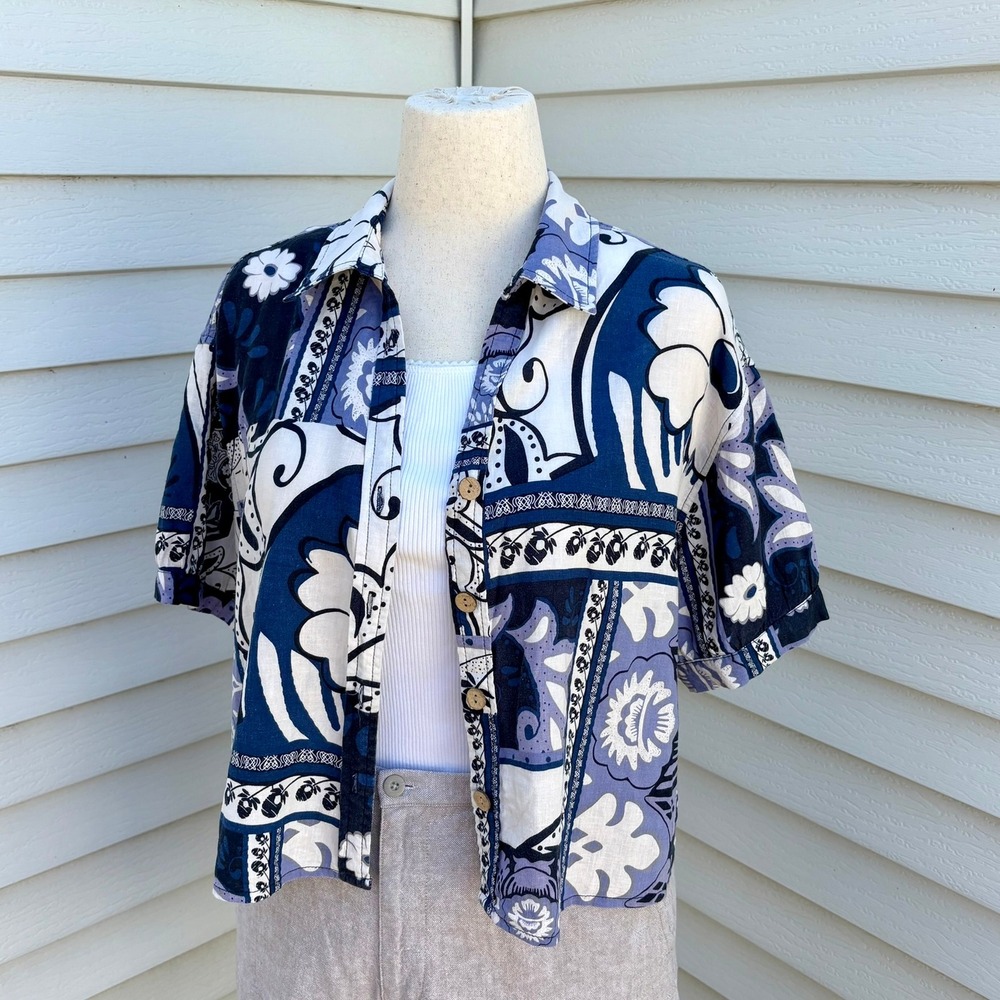 Christian Siriano Blue White Paisley Linen Blend Cropβ Button Down Top Women's L